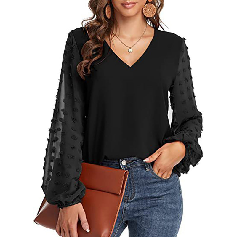 Women's V-Neck Chiffon Blouse Textured Puff Sleeve Top