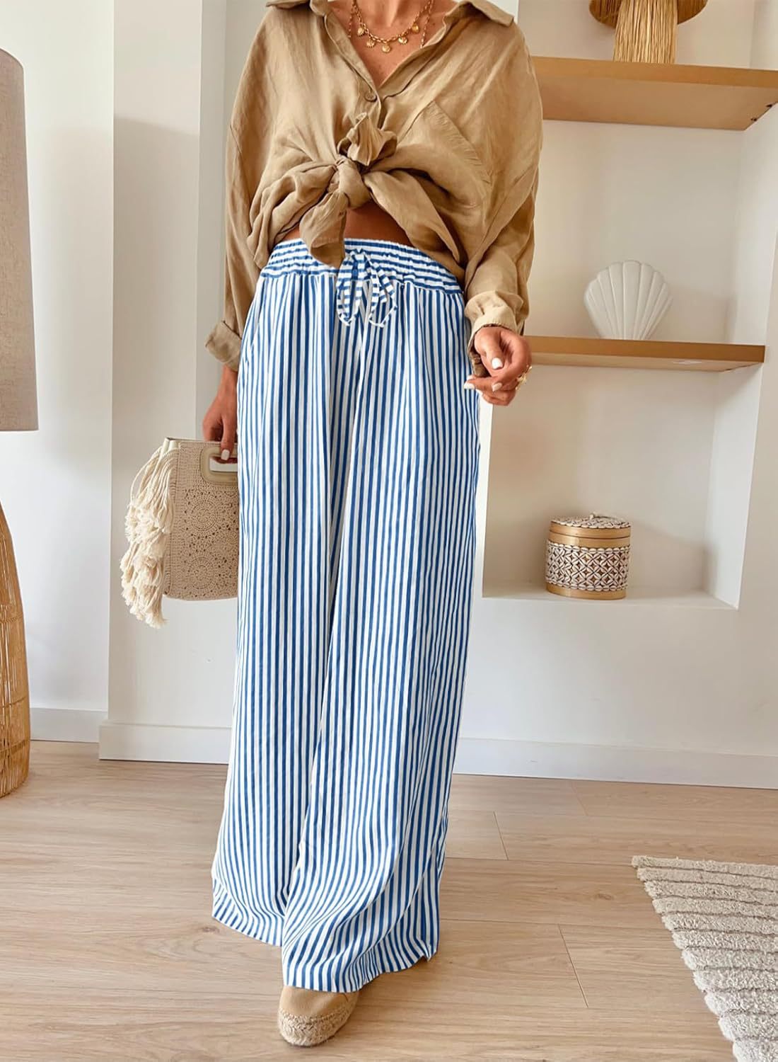 Striped Wide Leg Pants Drawstring Pocket Trousers