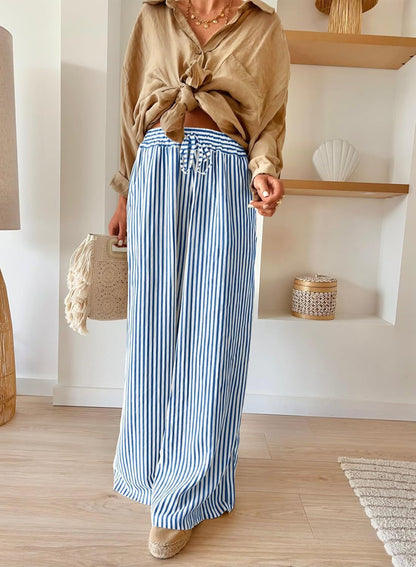 Striped Wide Leg Pants Drawstring Pocket Trousers