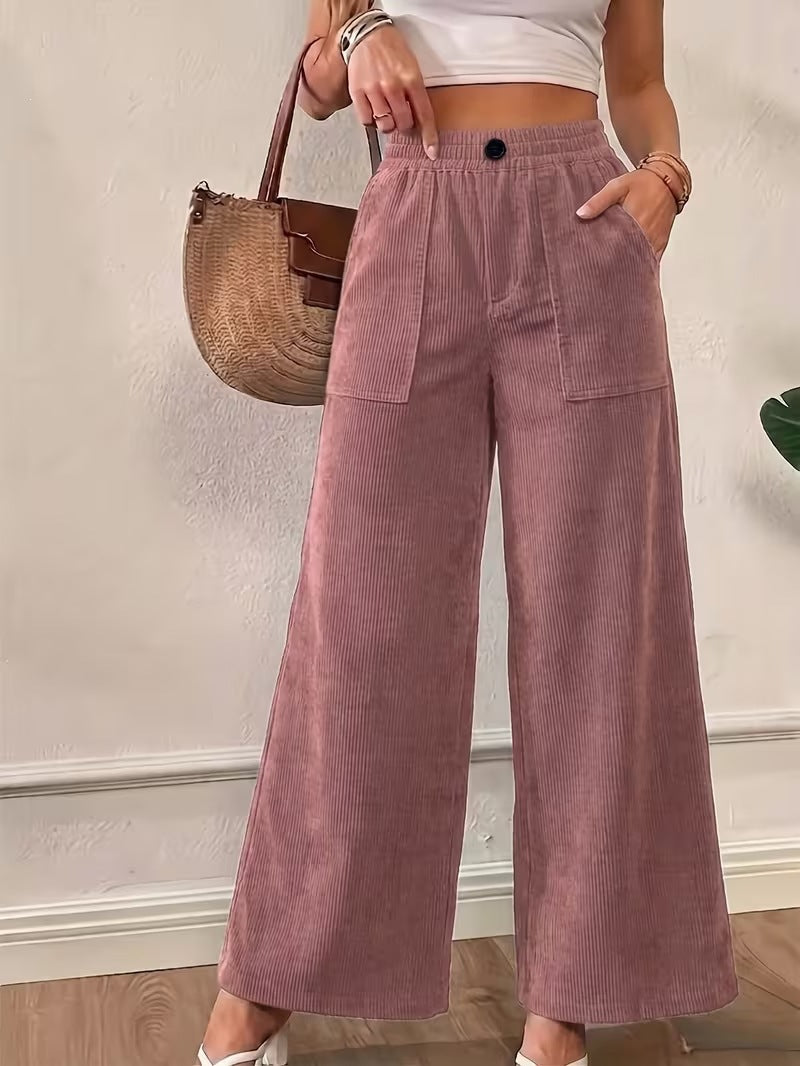 Women's High Waist Ribbed Wide Leg Casual Pants Pockets