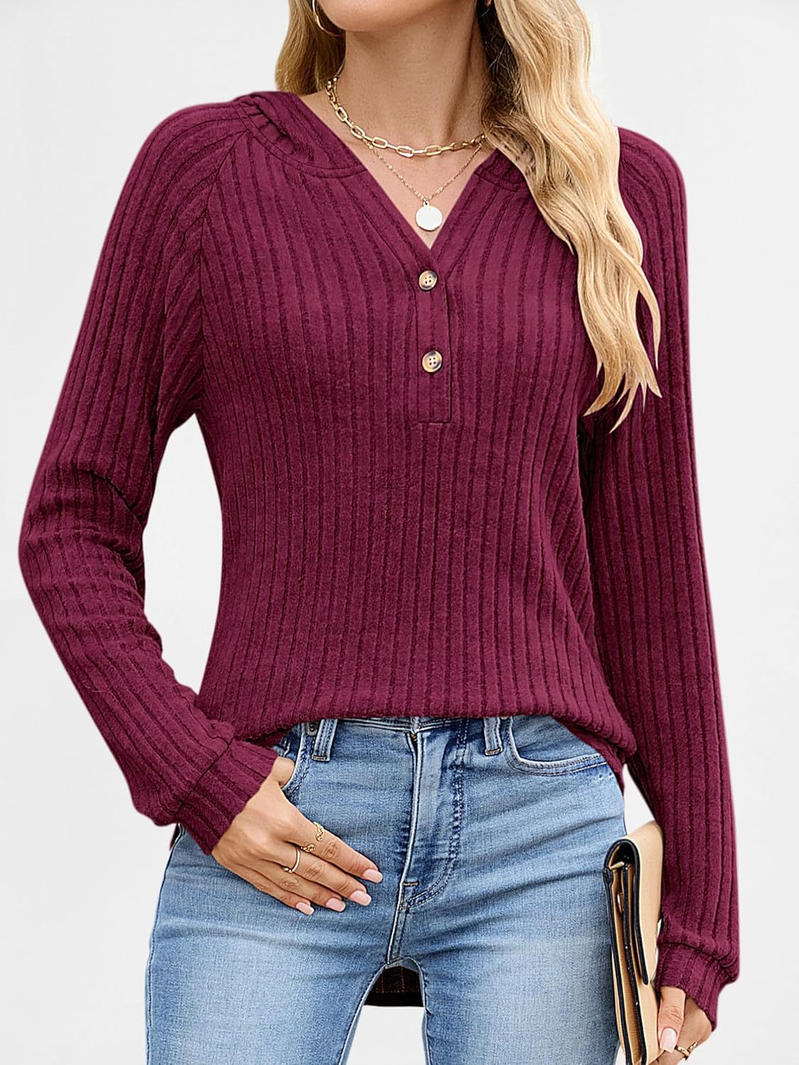 Women's Loose Hooded V Neck Button Ribbed Knit Sweater