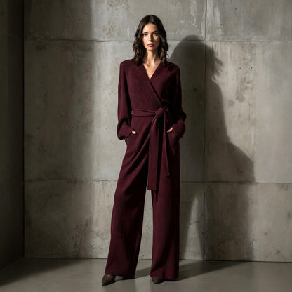 Women's Ribbed Knit Wrap Belted Jumpsuit Wide Leg