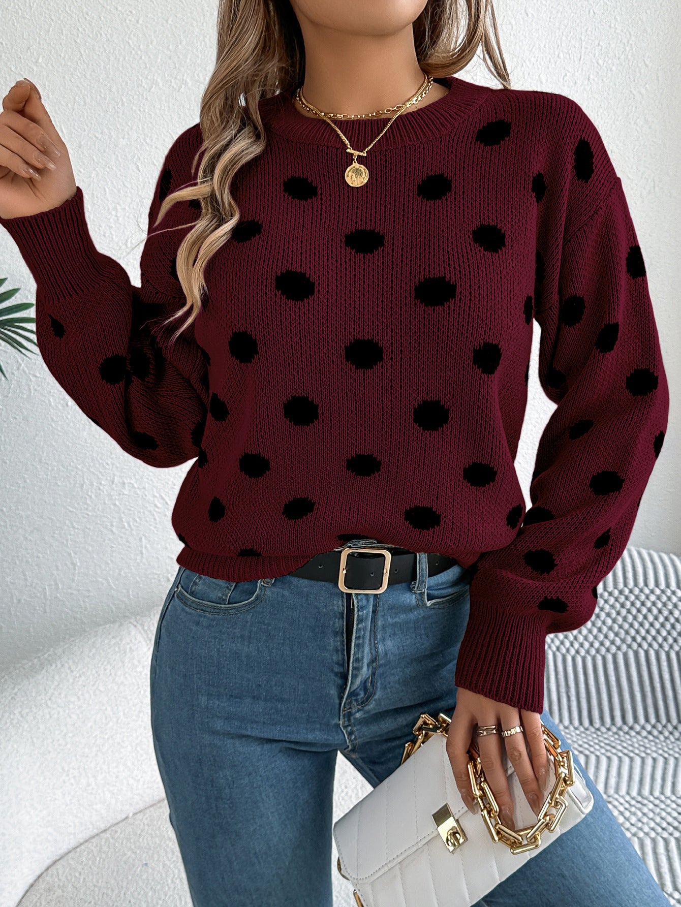Polka Dot Knit Sweater Long Sleeve Casual Pullover
