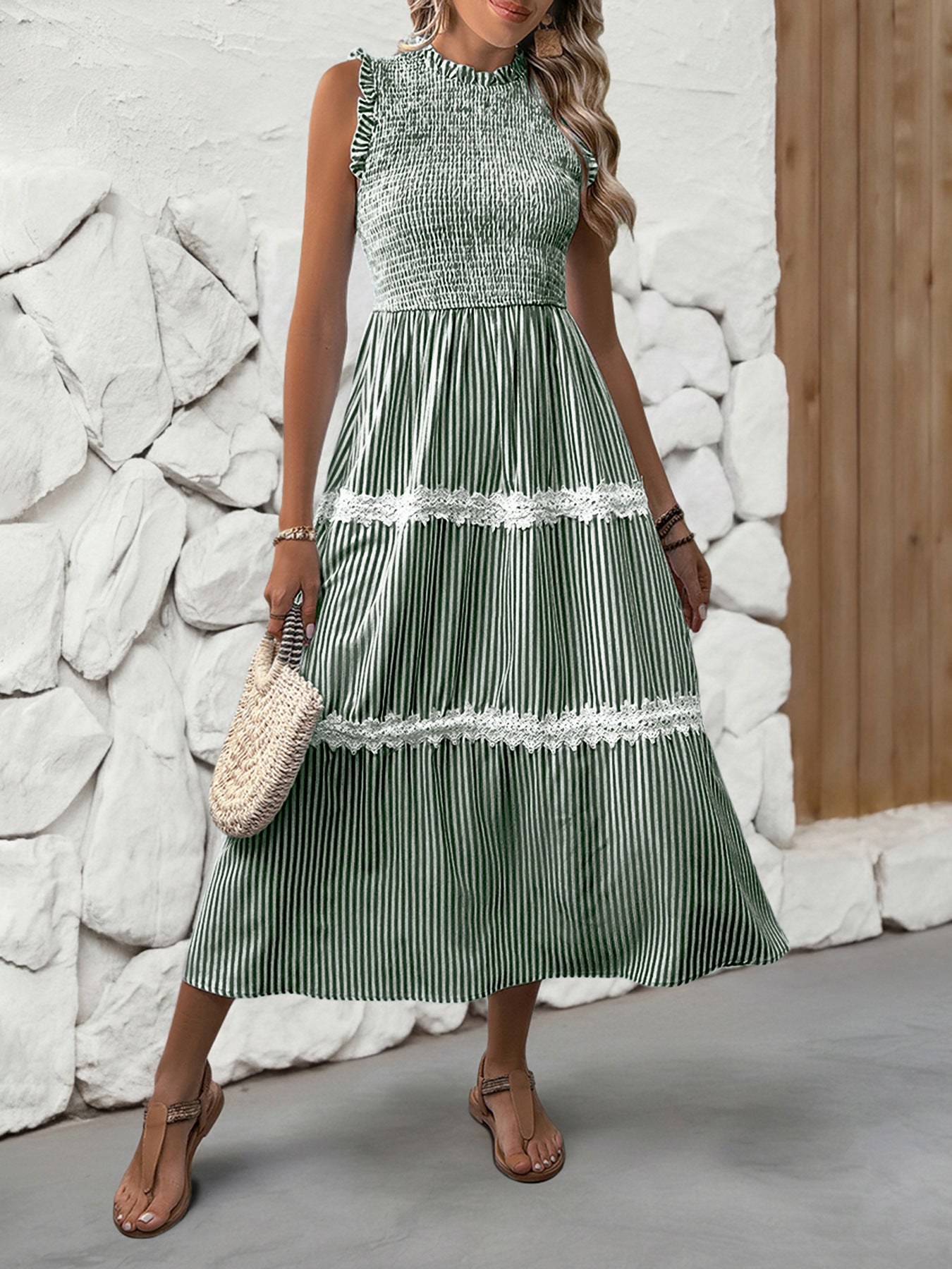 Sleeveless Striped Lace Midi Dress Ruffled A-Line Summer
