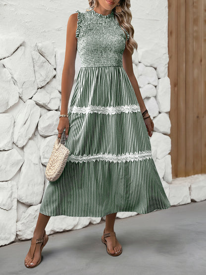 Sleeveless Striped Lace Midi Dress Ruffled A-Line Summer