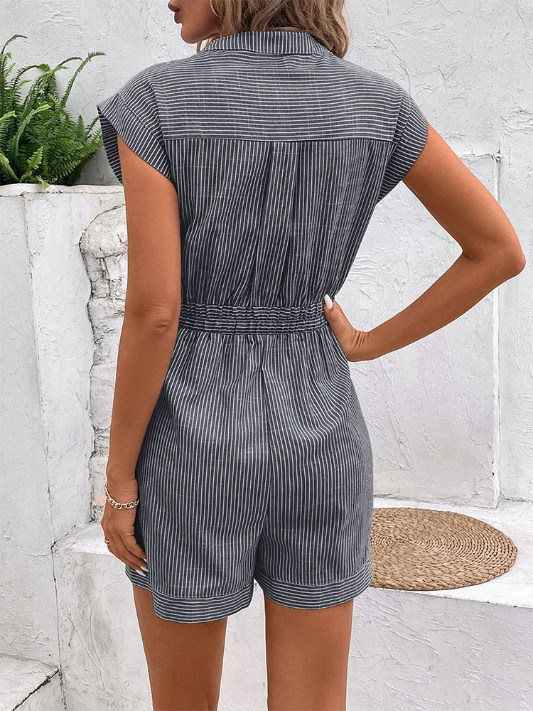 Striped Button Front Romper with Belt Casual Summer Outfit