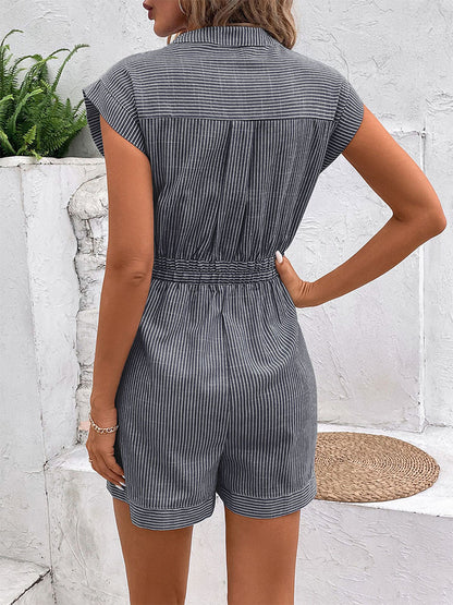 Striped Button Front Romper with Belt Casual Summer Outfit