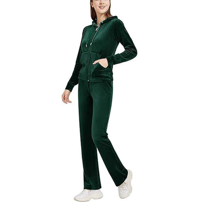 Women's Velvet Zip Hoodie Wide Leg Pants Set