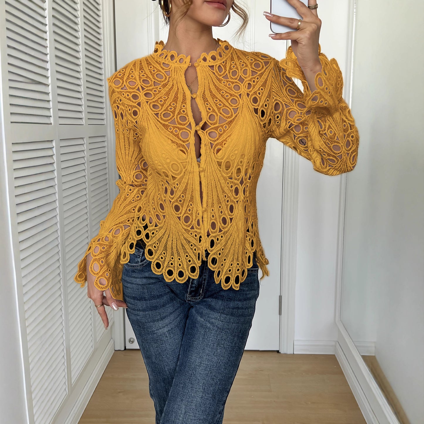 Women's Crochet Lace Button Front Blouse with Bell Sleeves