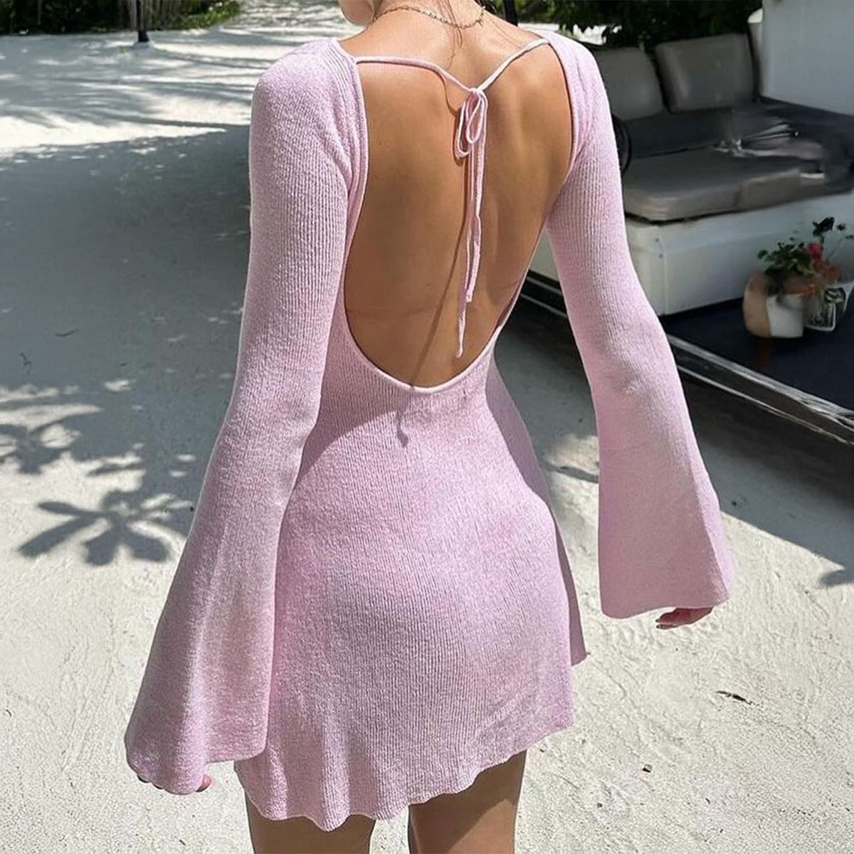 Ribbed Knit Long Sleeve Sweater Dress Slim Fit Mini Dress