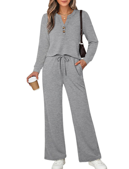 Women's 2 Piece Lounge Set Henley Top Wide Leg Pants