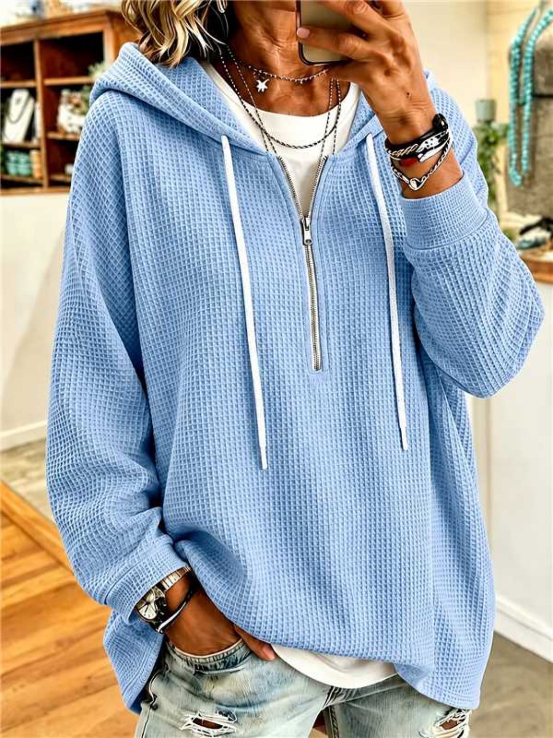 Women's Waffle Knit Half Zip Hoodie Oversized Batwing Tunic