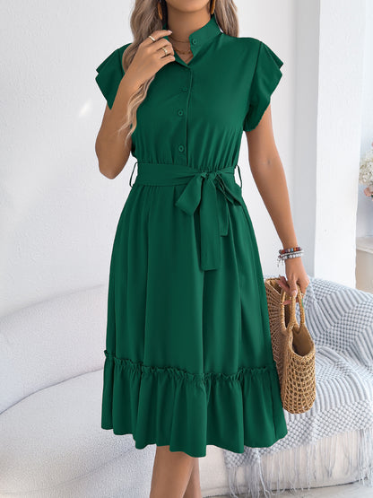 Tie Waist Ruffle Hem Midi Shirt Dress for Women