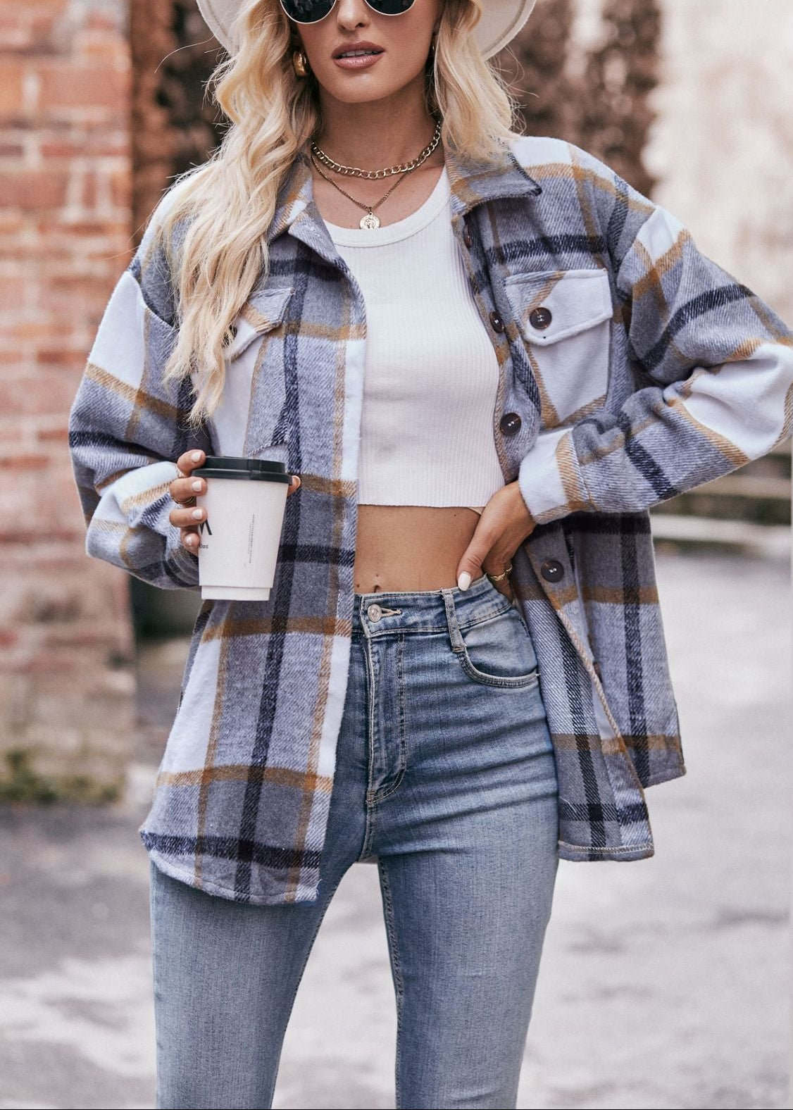 Plaid Flannel Shacket Button Front Pocket Oversized Jacket