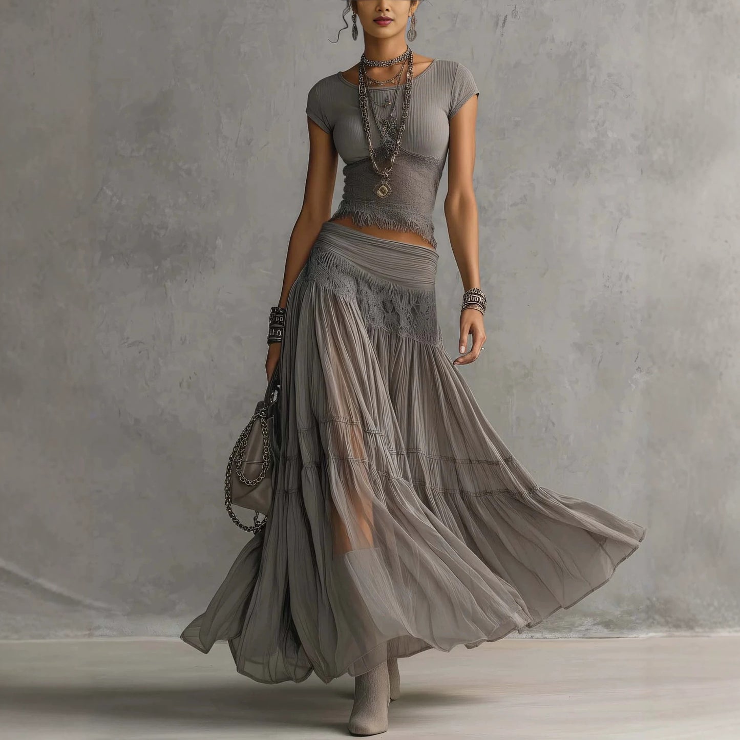 Women's Boho Knit Top and Flowy Maxi Skirt Set