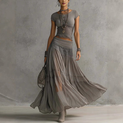 Women's Boho Knit Top and Flowy Maxi Skirt Set