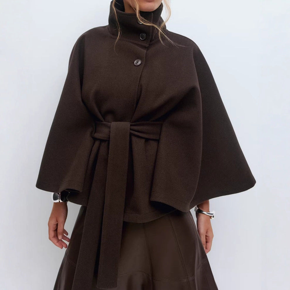 Women's Belted Cape Coat Mock Neck Batwing Jacket