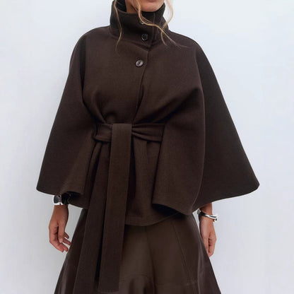 Women's Belted Cape Coat Mock Neck Batwing Jacket
