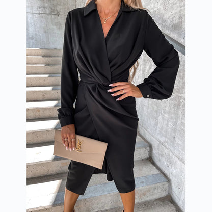 Women's Long Sleeve V Neck Wrap Midi Shirt Dress