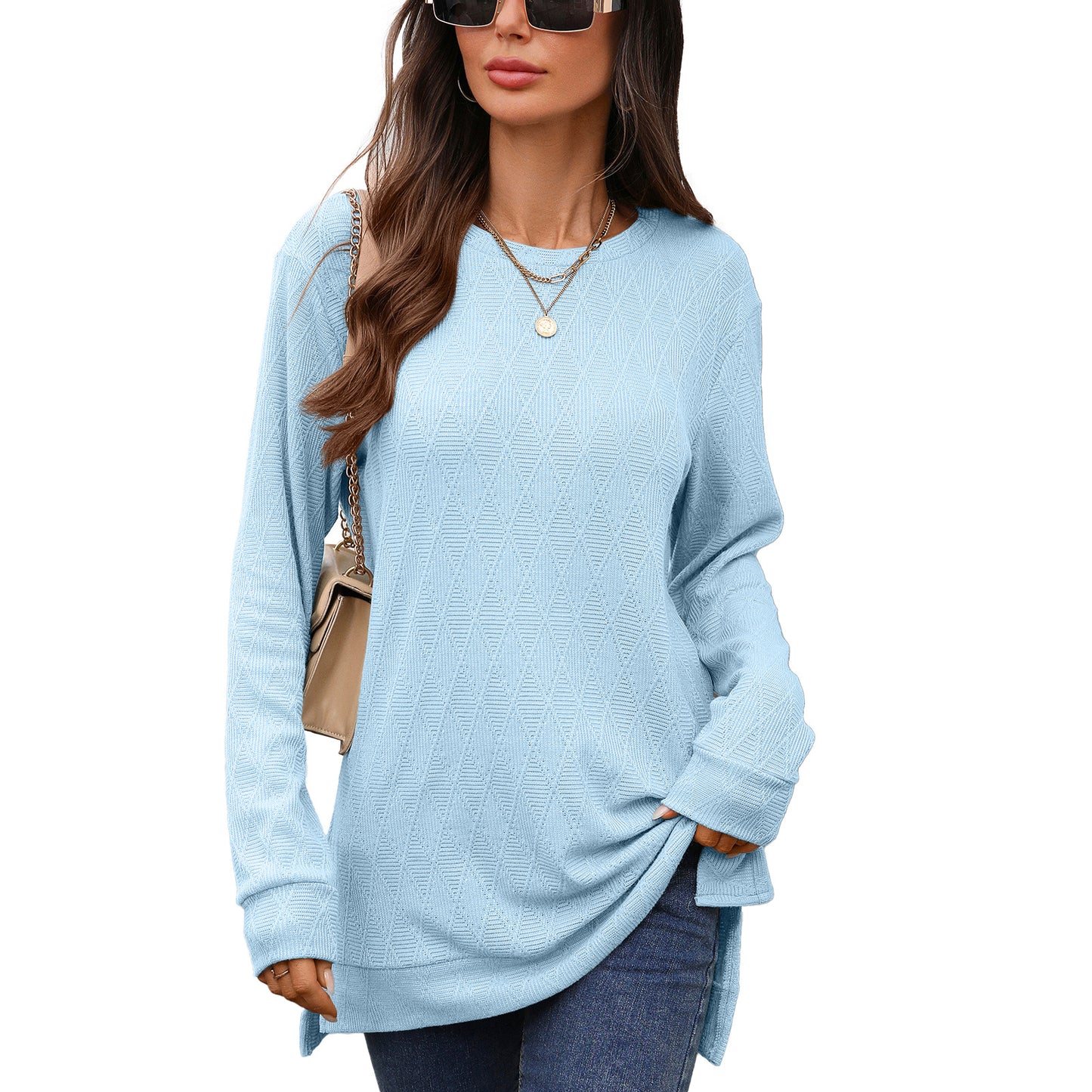 Women's Oversized Crewneck Long Sleeve Side Slit Top