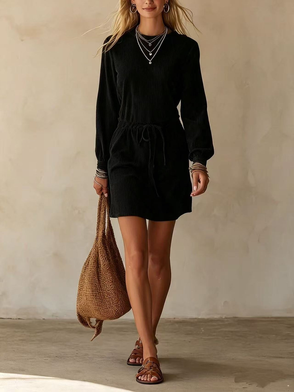 Women's Corduroy Long Sleeve Drawstring Waist Mini Dress