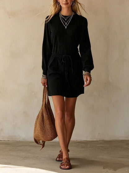 Women's Corduroy Long Sleeve Drawstring Waist Mini Dress