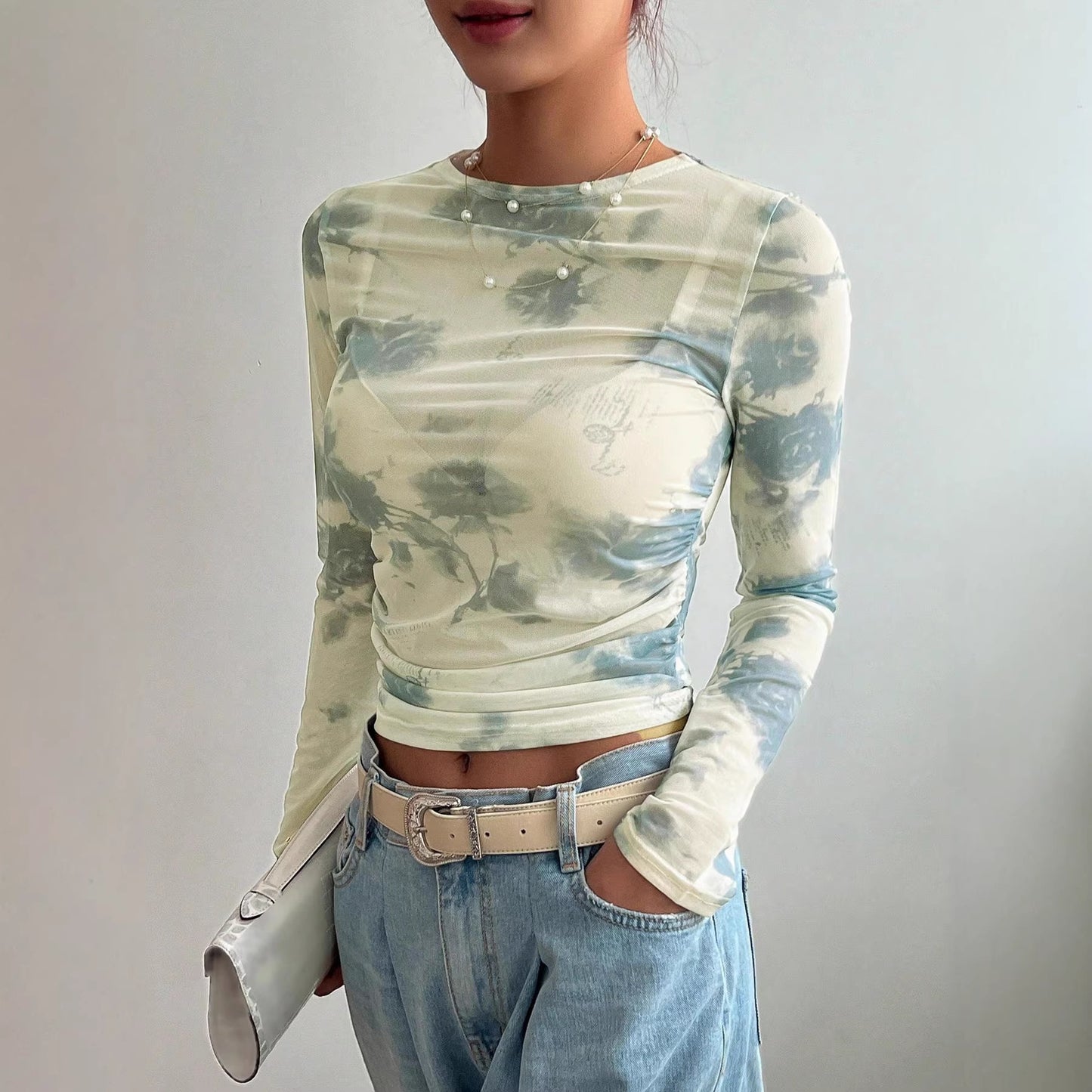 Floral Mesh Ruched Long Sleeve Crop Top