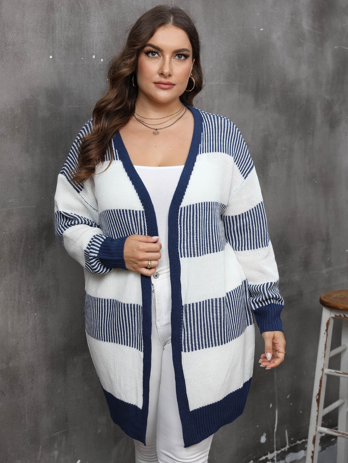 Women's contrasting striped splicing long-sleeved women's casual cardigan jacket