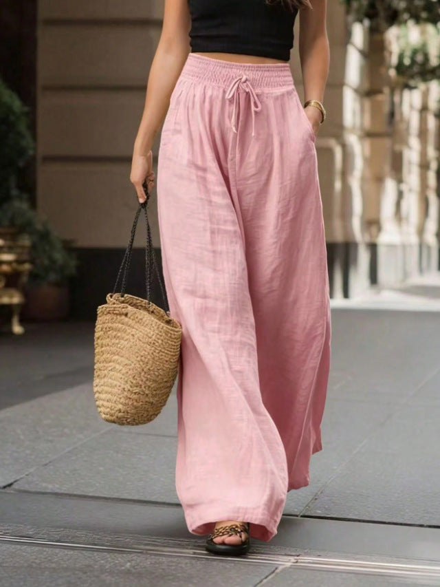 Women's Smocked High Waist Linen Blend Wide Leg Pants