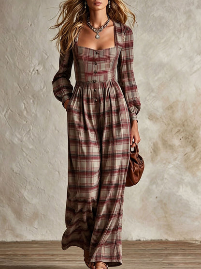 Vintage Plaid Square Neck Wide Leg Jumpsuit