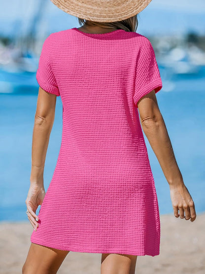 Waffle Knit V-Neck Short Sleeve Beach Cover Up Dress
