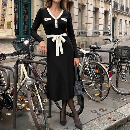 Contrast Trim V Neck Tie Waist Knit Midi Dress