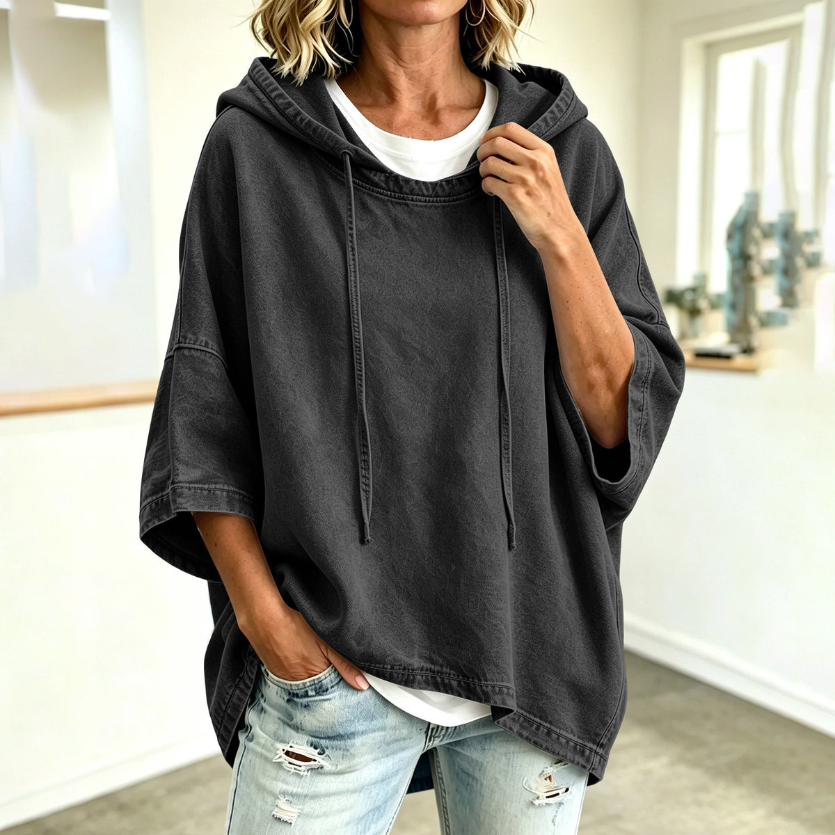 Women's Oversized Denim Hoodie 3/4 Sleeve Pullover Top