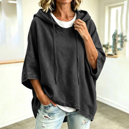 Women's Oversized Denim Hoodie 3/4 Sleeve Pullover Top