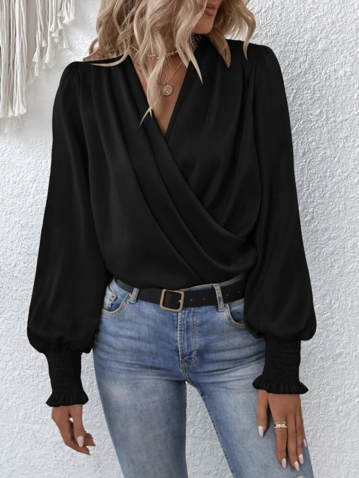 Women's Draped V-Neck Balloon Sleeve Smocked Cuff Blouse