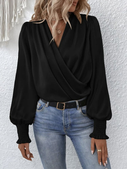 Women's Draped V-Neck Balloon Sleeve Smocked Cuff Blouse