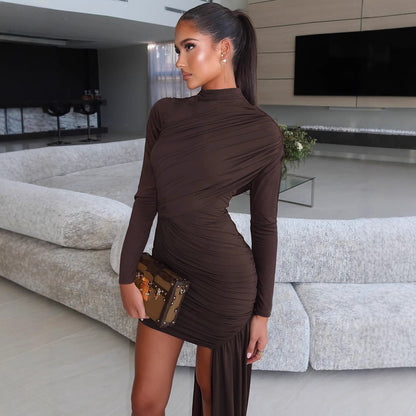 Sexy Ruched Long Sleeve Bodycon Dress Draped Hem