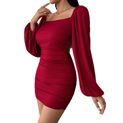 Burgundy Square Neck Long Sleeve Ruched Bodycon Mini Dress