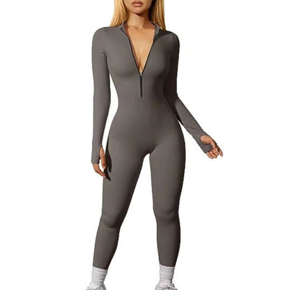 Women's Ribbed Zip Front Long Sleeve Workout Jumpsuit