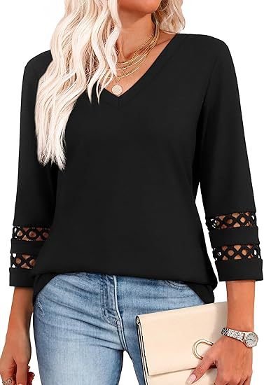 White V-Neck Lace Sleeve Casual Knit Top for Women