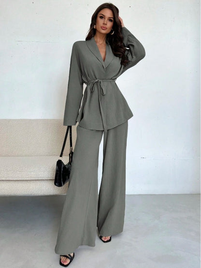 Lapel Belted Top Wide Leg Pants Two Piece Set
