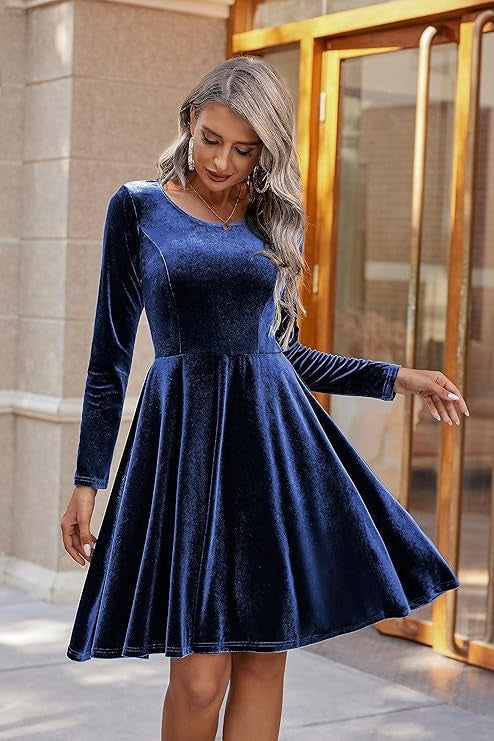 Women's Velvet Fit and Flare Long Sleeve Mini Dress