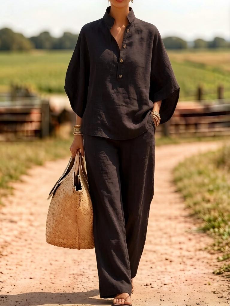 Linen Button Front Top Wide Leg Pants Matching Set