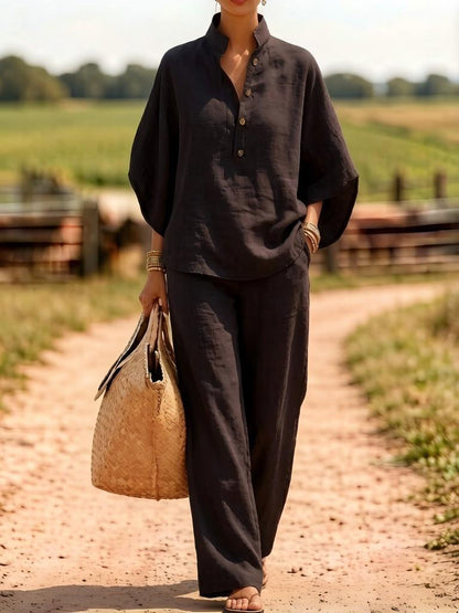 Linen Button Front Top Wide Leg Pants Matching Set