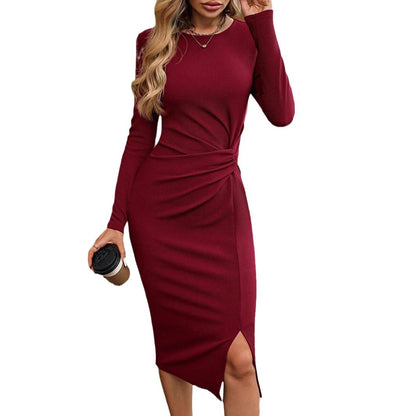 Women's Long Sleeve Twist Front Slit Bodycon Midi Dress