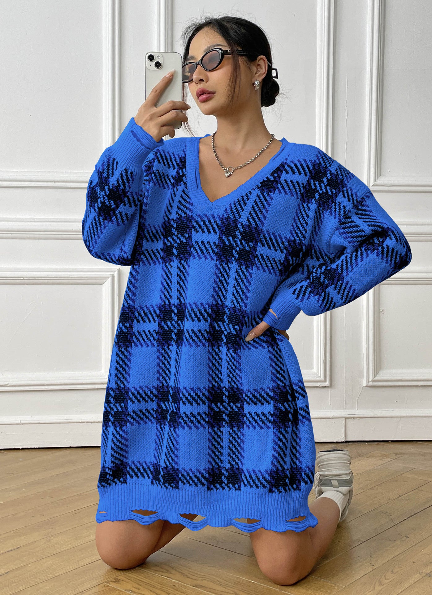 Women's Contrasting Color Splicing Plaid Dress V-neck Long Sleeve