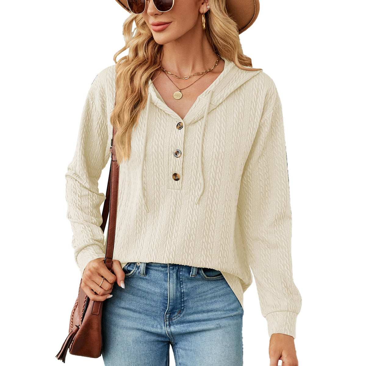 Women's Oversized V-Neck Button Hoodie Long Sleeve Top