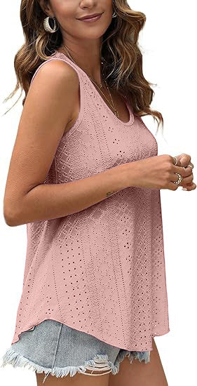 Eyelet Knit Tank Top Sleeveless Loose Fit Summer Top