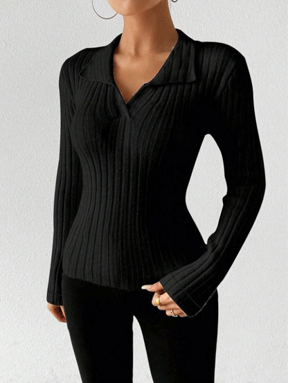 Women's Ribbed Knit Collared V Neck Long Sleeve Top