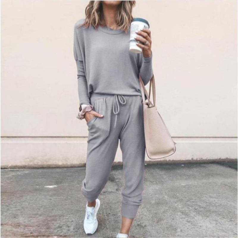 Womens Solid 2 Piece Lounge Set Long Sleeve Jogger Pants